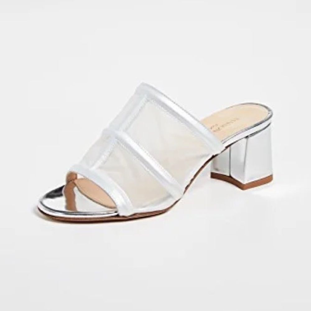 MARION PARKE- Bea Slides Block Heel Silver Metallic Vinyl Women’s Size 39.5